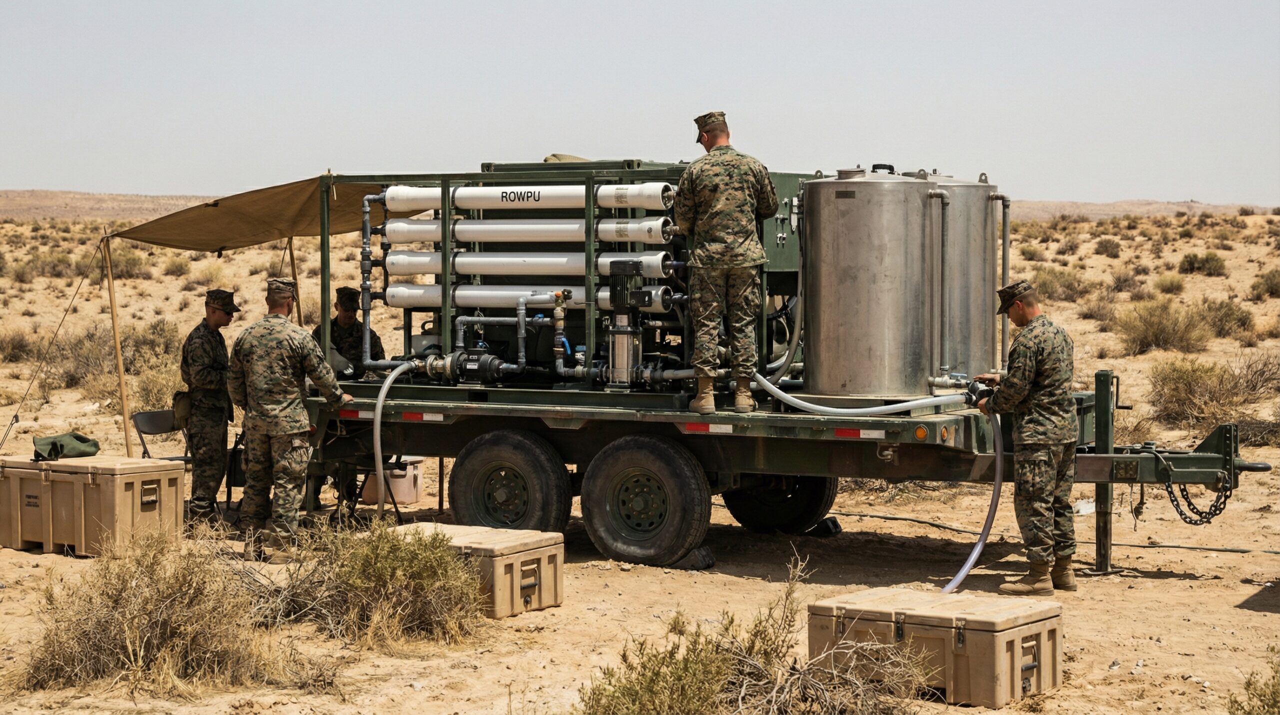 Military-grade portable water purification system deployed in the field