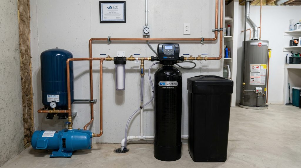 Water softener system installed with residential well pump