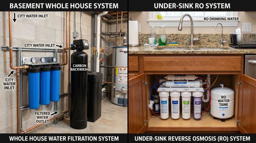 Whole house water filter compared with under-sink RO system